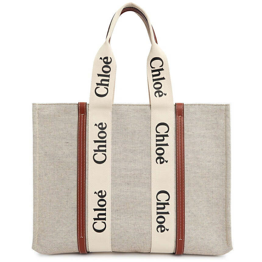 Chloe Woody Tote Bag Linen Blend Brown Calfskin Trim